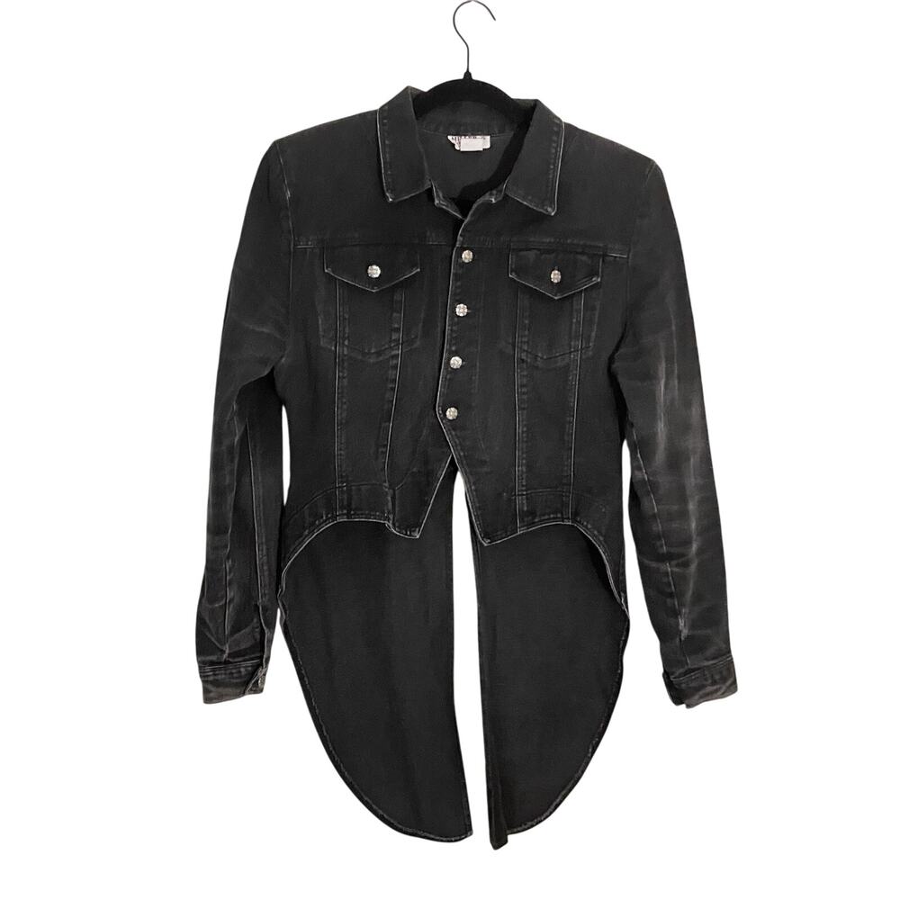 Vtg Denim Western Tailcoat Cropped Black Jean Jacket Silver Floral Button Sz MED